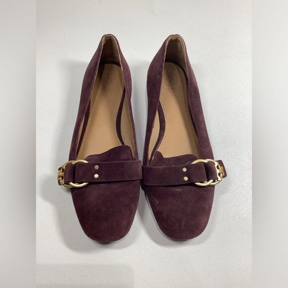 Elegant Tory Burch Burgundy Suede Loafers - Picture 2 of 15